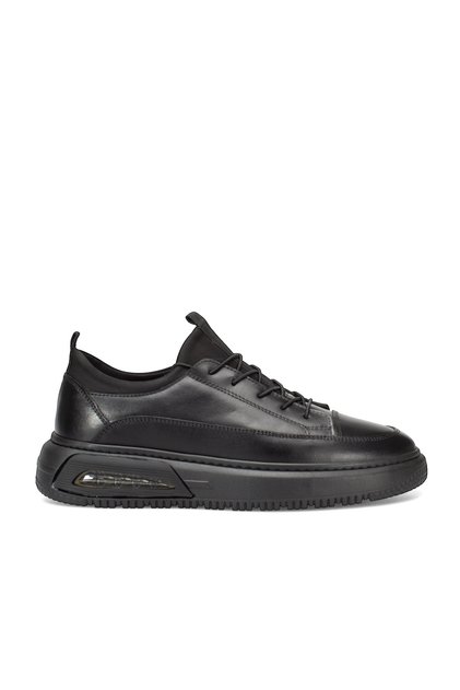 Siyah Hakiki Deri Lastik Bağcıklı Erkek Sneaker