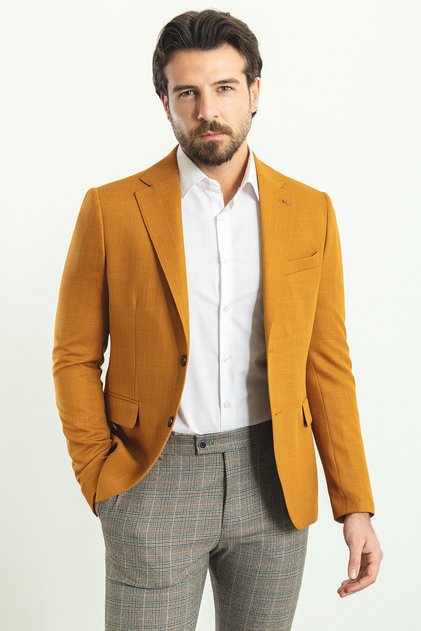 Straight Slim Fit Mono Collar Men's Jacket Camel - 40281.23Y