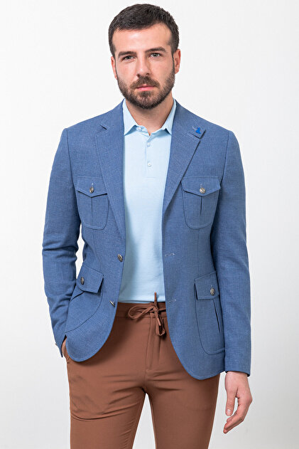 Gray Slim Fit Bag Pocket Mono Collar Linen Men's Jacket Indigo - 40316.23Y