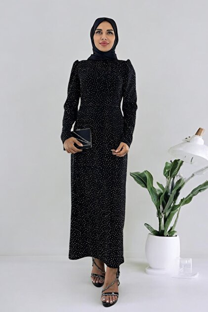 Silver Hijab Graduation Evening Dress - Stone Detailed Waist Belted