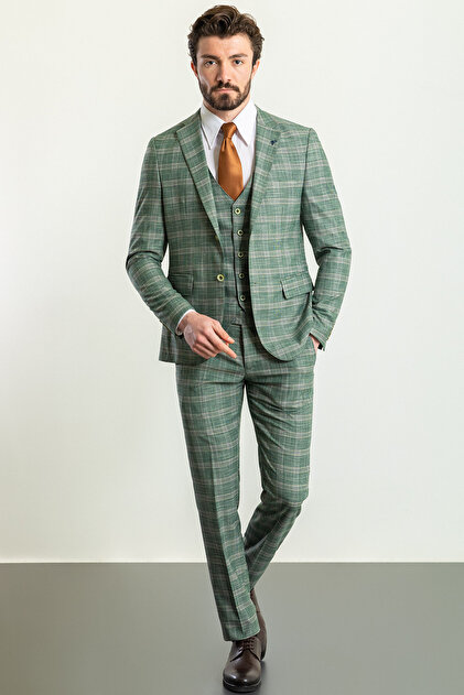 Plaid Slim Fit Jumpsuit Collar Men's Suit Khaki - 45230.23Y