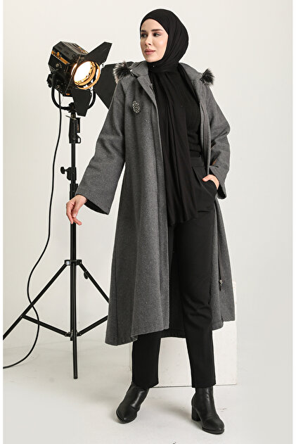 sefamerve Broşlu Kaşe Kaban 611570-02 Gri - Fiyatı, Yorumları