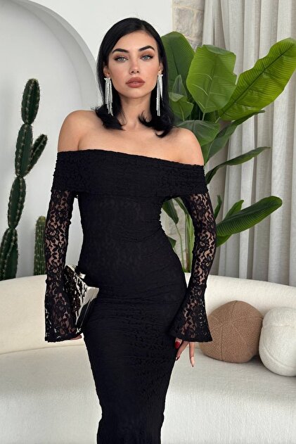 WOMAN VISION Women's Black Lined Lace Fabric Design Strapless Long Sleeve Maxi Dress 282- Trendyol WOMAN VISION Women's Black Lined Lace Fabric Design Strapless Long Sleeve Maxi Dress 282- Trendyol