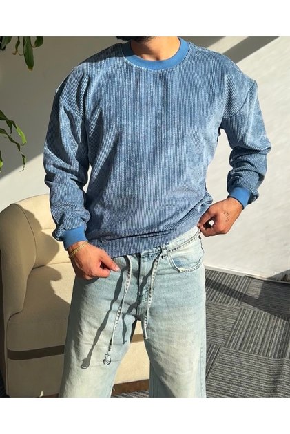 Erkek Bisiklet Yaka Sweatshirt Çizgili Kadife