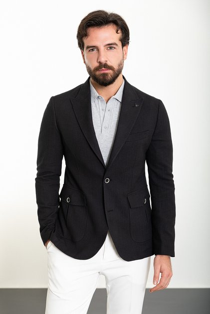 Düz Slim Fit Torba Cep Geniş Yaka Erkek Ceket Siyah - 40372.24Y