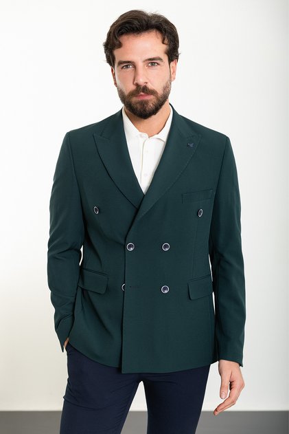 Straight Slim Fit Wide Collar Double Breasted Men's Jacket Emerald - 40363.24Y