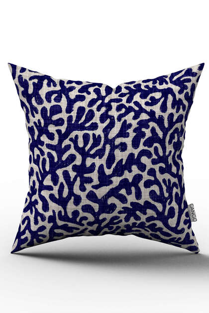 Navy Blue Beige Marine Themed Coral Patterned Digital Printed Throw Pillow Cover Cgh633