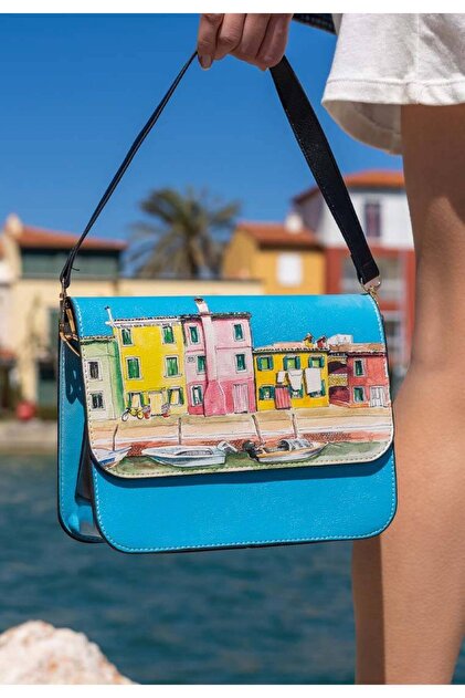 Women's Vegan Leather Blue Handbag - Burano Island Design