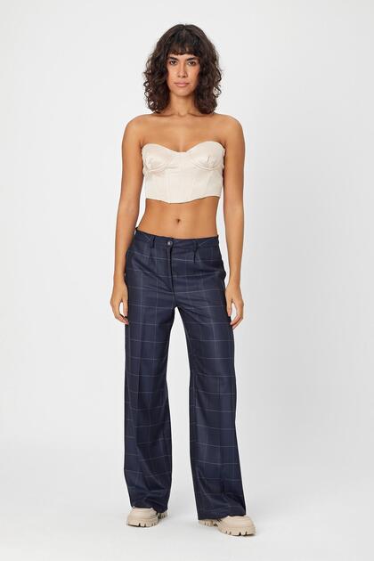 Alexandergardi̇ Wide Leg Checked Classic Women's Pants with Double Pockets (B24-0001)