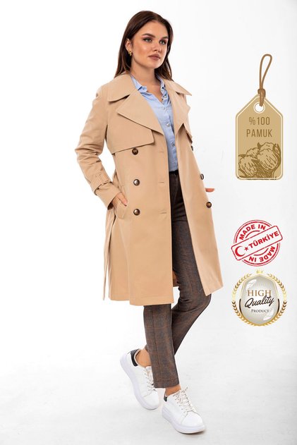 Açık Bej %100 Pamuk Gabardin Midi (95CM) Astarlı Kemerli Kadın Trençkot 1113