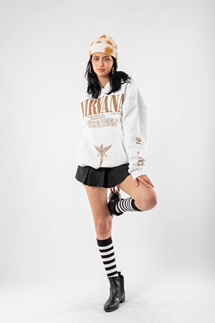 Bak Moda Nirvana Sırt Baskılı Unisex Oversize Beyaz Hoodie
