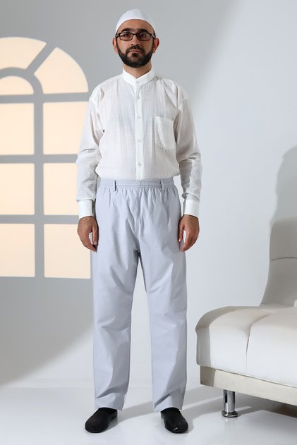 Men's Relaxed Fit Elastic Waist Pocketed Hajj and Umrah Linen Shalwar Trousers - Light Gray (Krk)