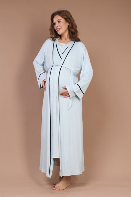 Women's Blue Winter Design Full Length 100% Cotton Maternity Maternity Dressing Gown Nightgown Set