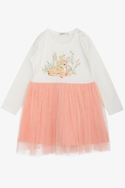 Girl's Long Sleeve Dress Floral Pattern Cute Gazelle Printed 1.5-5 Years, Ecru
