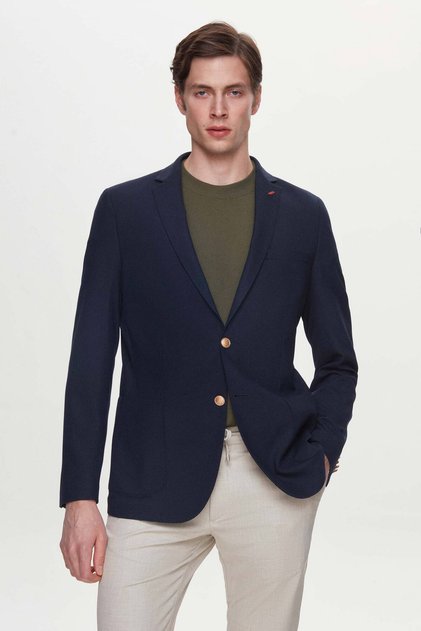 Slim Fit Lacivert Armürlü Kumaş Ceket