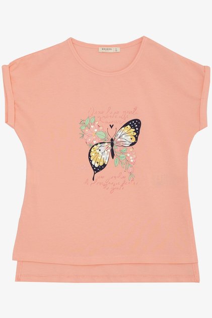 Girl's T-Shirt Butterfly Printed 10-16 Years, Salmon