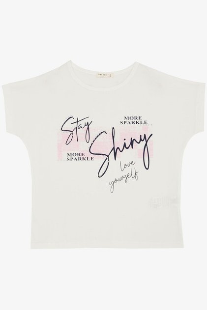Girl's T-shirt with Glitter Theme Printed Text 10-16 Years Old, Ecru