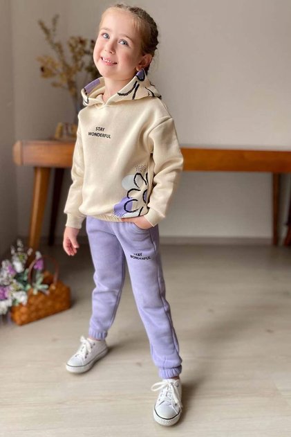 Girl's Stay Wonderful Floral Print Cotton Lilac Tracksuit Set