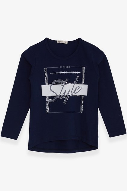 Girl's Long Sleeve T-Shirt with Stony Text Printed, Age 6-12, Navy Blue