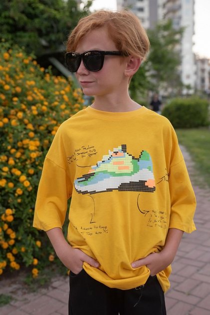 Boy's T-Shirt Colorful Shoes Printed 9-16 Years, Mustard Yellow