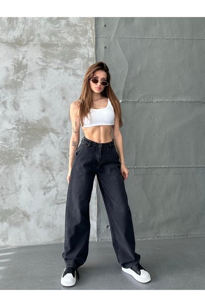 Women's Black Enzyme Wash Color High Waist Skater Fit Loose Cut Baggy Denim