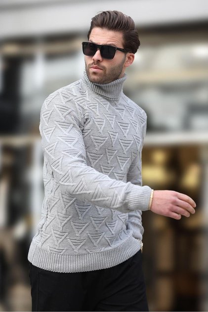 Gray Turtleneck Patterned Men's Sweater E7292