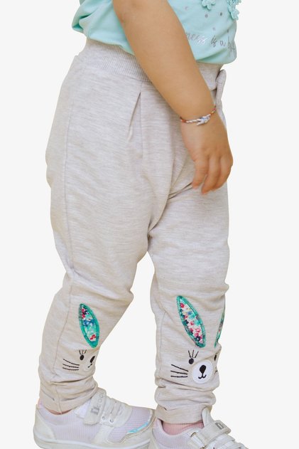 Kız Bebek Tayt Pantolon Tavşan Nakışlı 9 Ay-3 Yaş, Bej Melanj