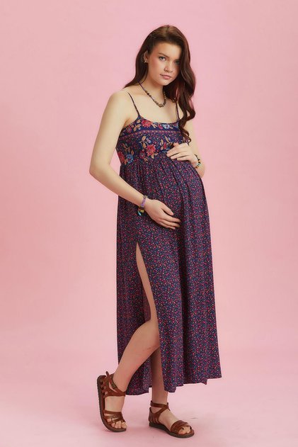 Strap Slit Floral Patent Leather Maternity Dress