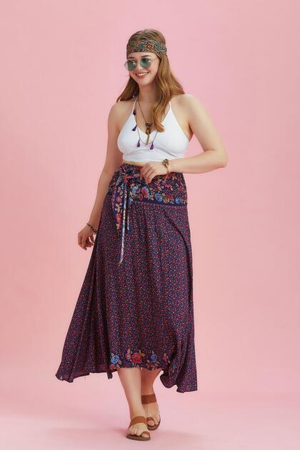 Loose Authentic Patterned Asymmetrical Large Size Skirt