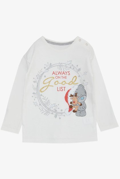 Baby Long Sleeve T-Shirt New Year Themed Teddy Bear Printed Ecru (0-3 Months-2 Years)
