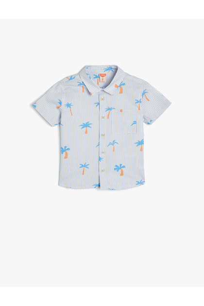 Shirt Palm Printed Short Sleeve Pocket Detailed Cotton