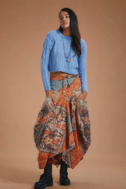 Baggy Long Skirt with Lace-up Waist and Pocket Detail