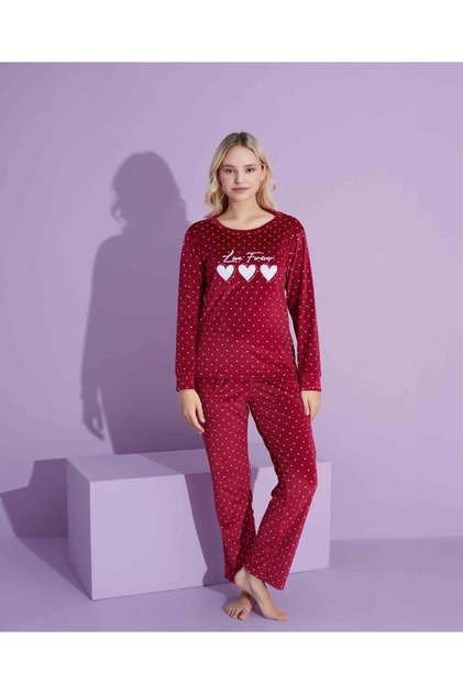 Mother Daughter Velvet Burgundy Crew Neck Long Sleeve Heart Embroidered Pajama Set