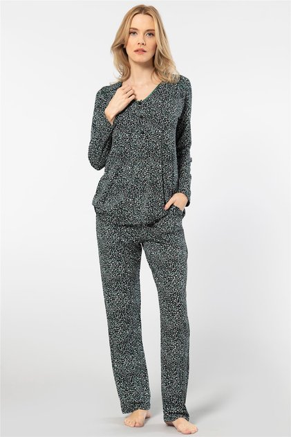 3382 Women's Floral Long Sleeve Placketed Pajama Set-Green