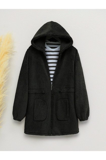Beli Lastikli Kapşonlu Fermuarlı Peluş Mont -Siyah