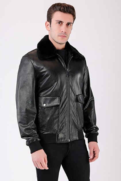 Leather Club Siyah Kürk Aksesuarlı Aviator Hakiki Deri Ceket