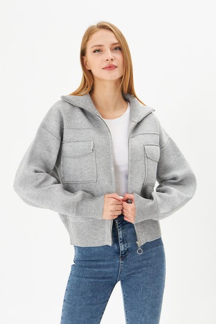 Women's Steel Knit Zippered Knitwear Coat Women's Coat 4309 Gray