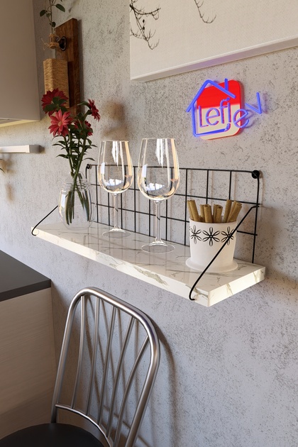 Lefi Ev Beyaz Mermer Desen Duvar Rafı Tekli Metal Duvar Rafı Modern Metal Duvar Rafı