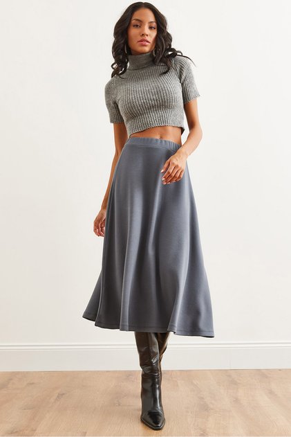 Women's Smoked Soft Textured Modal Effect Bell Skirt Etk- 19000282