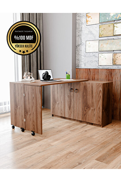 Flor MDF Dolaplı Çalışma Masası Katlanır Açılır Kapanır Tekerlekli Çok Amaçlı Ceviz Renk Masa