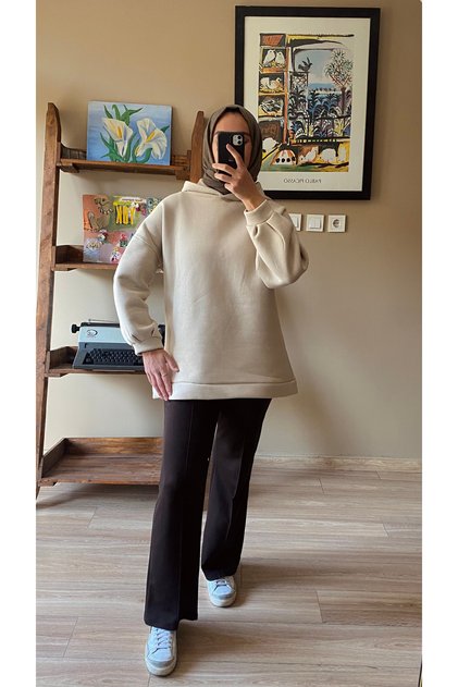 Kadın Bej Oversize Şardonlu Kapüşonlu Sweatshirt