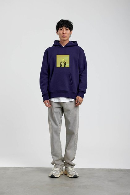 Erkek Sweatshirt El Lacivert Oversize Baskılı Kapüşonlu 3 İplik Şardonlu