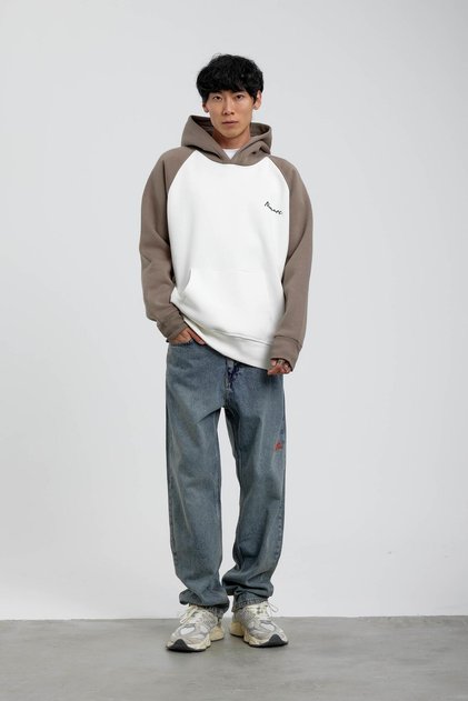 Erkek Sweatshirt Vizon Kollu Beyaz Oversize Kapüşonlu 3 İplik Şardonlu