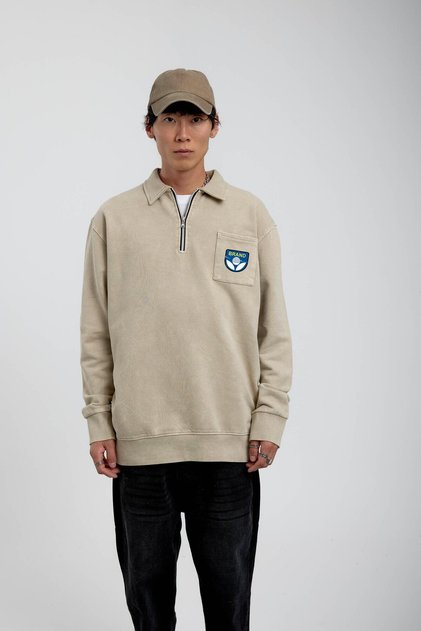 Men's Sweatshirt Brand Written on the Collar Cream Oversize Zippered Half Zipper 3 Thread Without Threaded Stitching