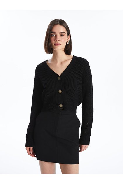 Xside V-Neck Plain Long Sleeve Crop Women's Knitwear Cardigan (W4)