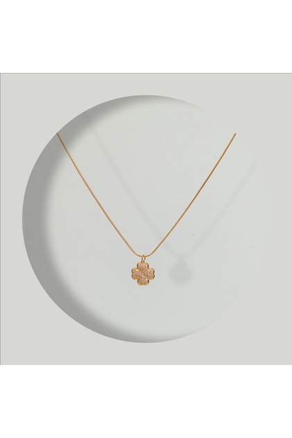 Steel Women's Necklace, Clover and Stone Detail, Gold Color, No:83