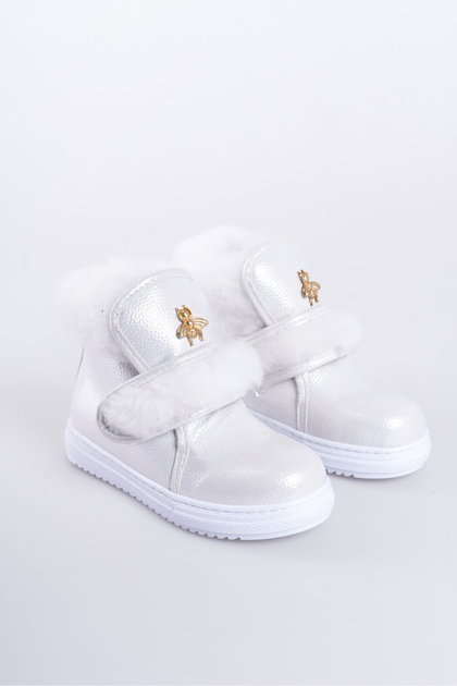 Silver Shiny Sheepskin Bee Detailed Velcro Non-Slip Sole Girls' Boots