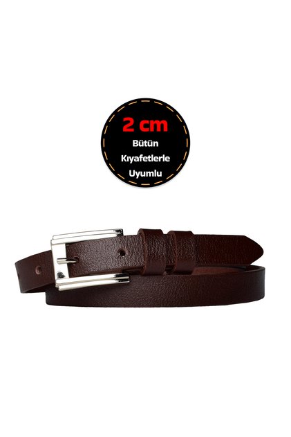 100% Genuine Leather, Thin 2 cm Dark Brown Women's Belt with Silver Buckle; Dress, Trouser Belt_Dübyk