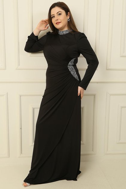 Jewelled Collar and Side Lined Gathered Crystal Long Plus Size Hijab Dress