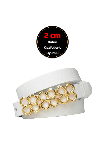 100% Genuine Leather, Thin 2 cm Milk White Women's Belt with Gold Color Buckle; Dress, Pants Belt_3Lüççek